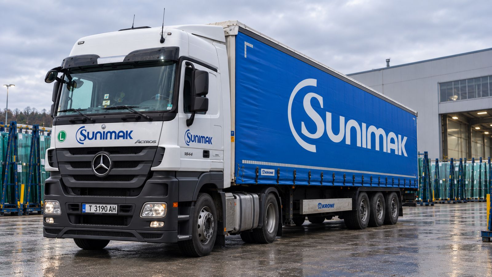 Влекач и полуремарке с логото на Sunimak на товарна площадка